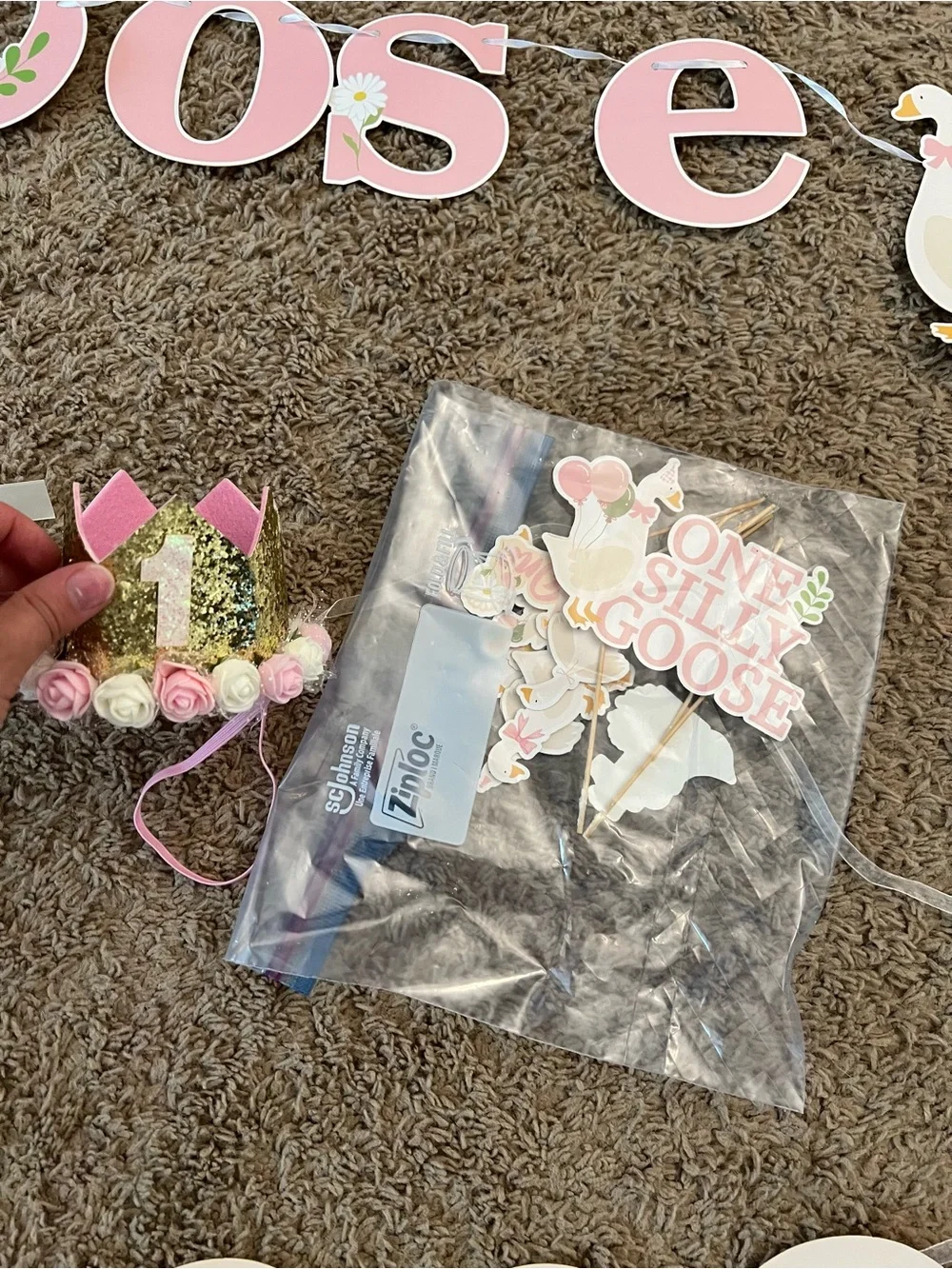 One Silly Goose Pink First Birthday Banner Set